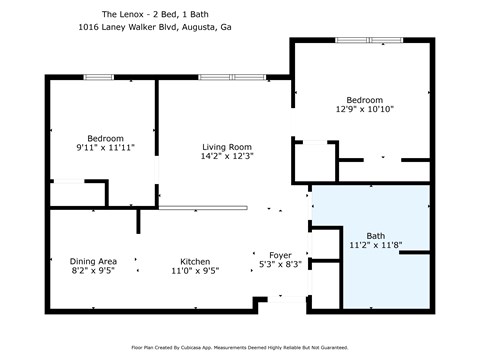 A floor plan for a Lenox apartment with 2 beds and 1 bath.